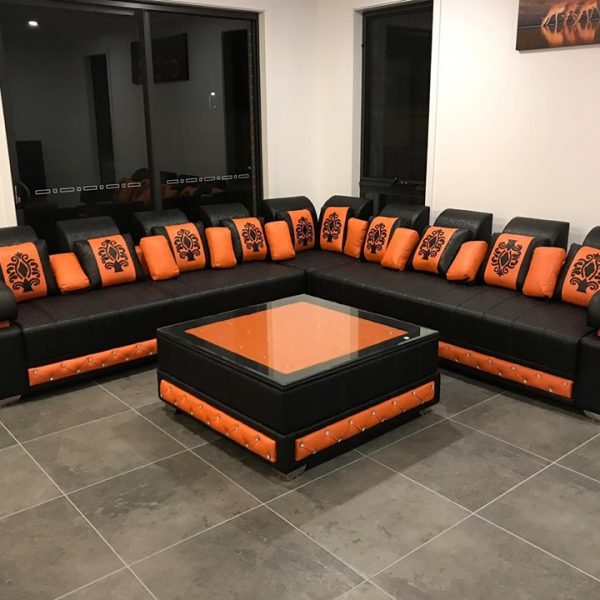 L-Shaped-Black-and-orange-Sofa-set