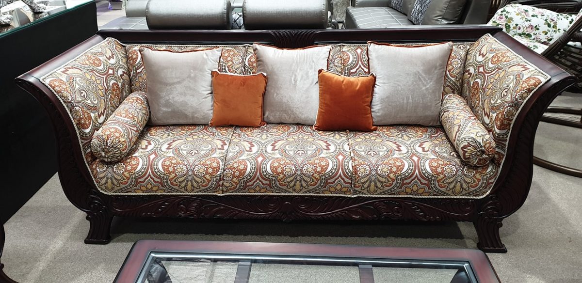 Luxury-Dark-Wood-Goden-Beige-Print-Cushioned-Sofa-Set