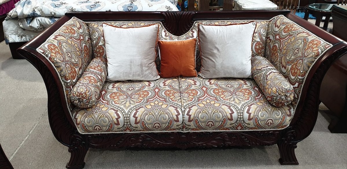 Luxury Dark Wood Goden Beige Print Cushioned Sofa Set