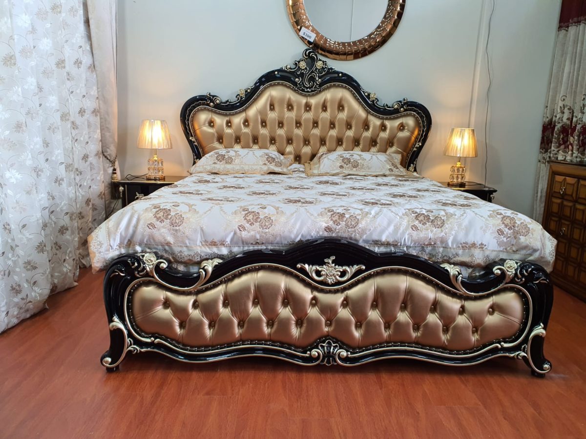 Royal Ethnic Dark Wood Golden Cushioned Bed