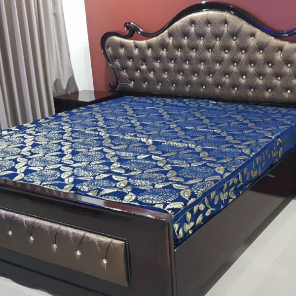 Dark Wooden Golden Cushioned Double Bed