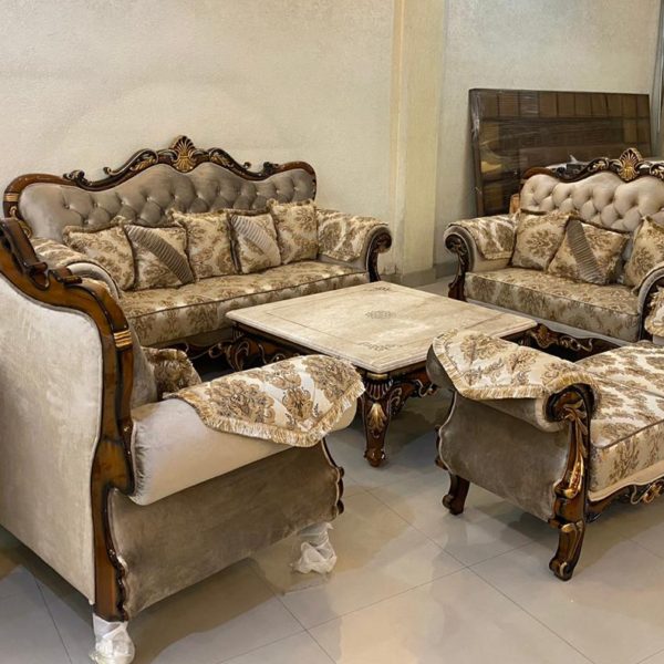 Royal Ethnic Walnut Colored Bronze Cushioned Sofa Set