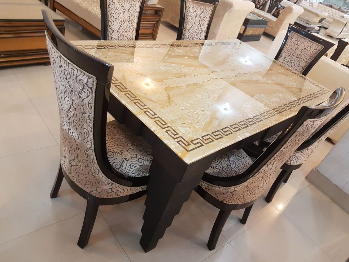 Italian Designer Marble Top Golden Colored Cushioned 6-Seater Dining Table